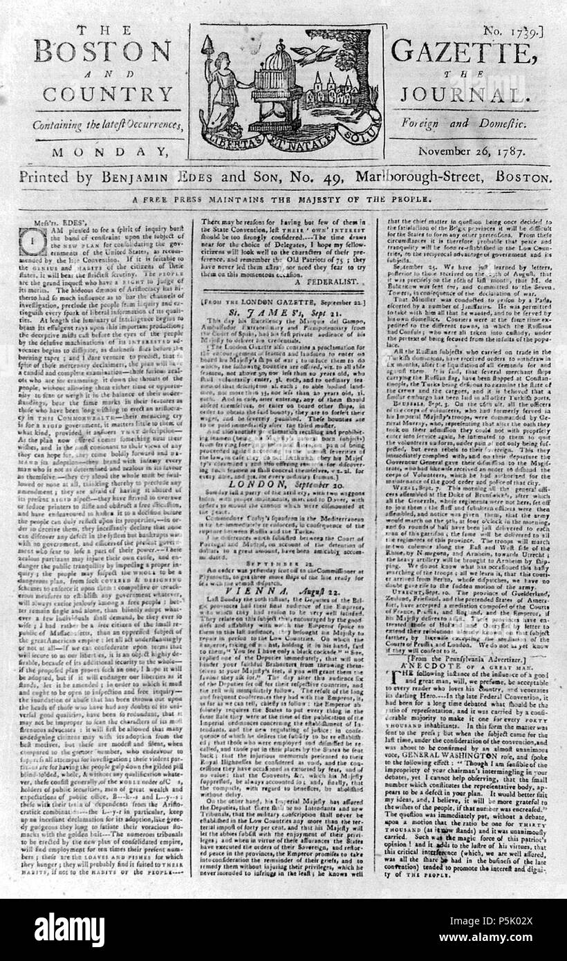 N/A. Deutsch: Titelseite der „Boston Gazette” Nr. 1739 vom 26. November  1787. Das Motto der Zeitung lautete zu jener Zeit: 'A free press maintains  the majesty of the people' . 1787. Via