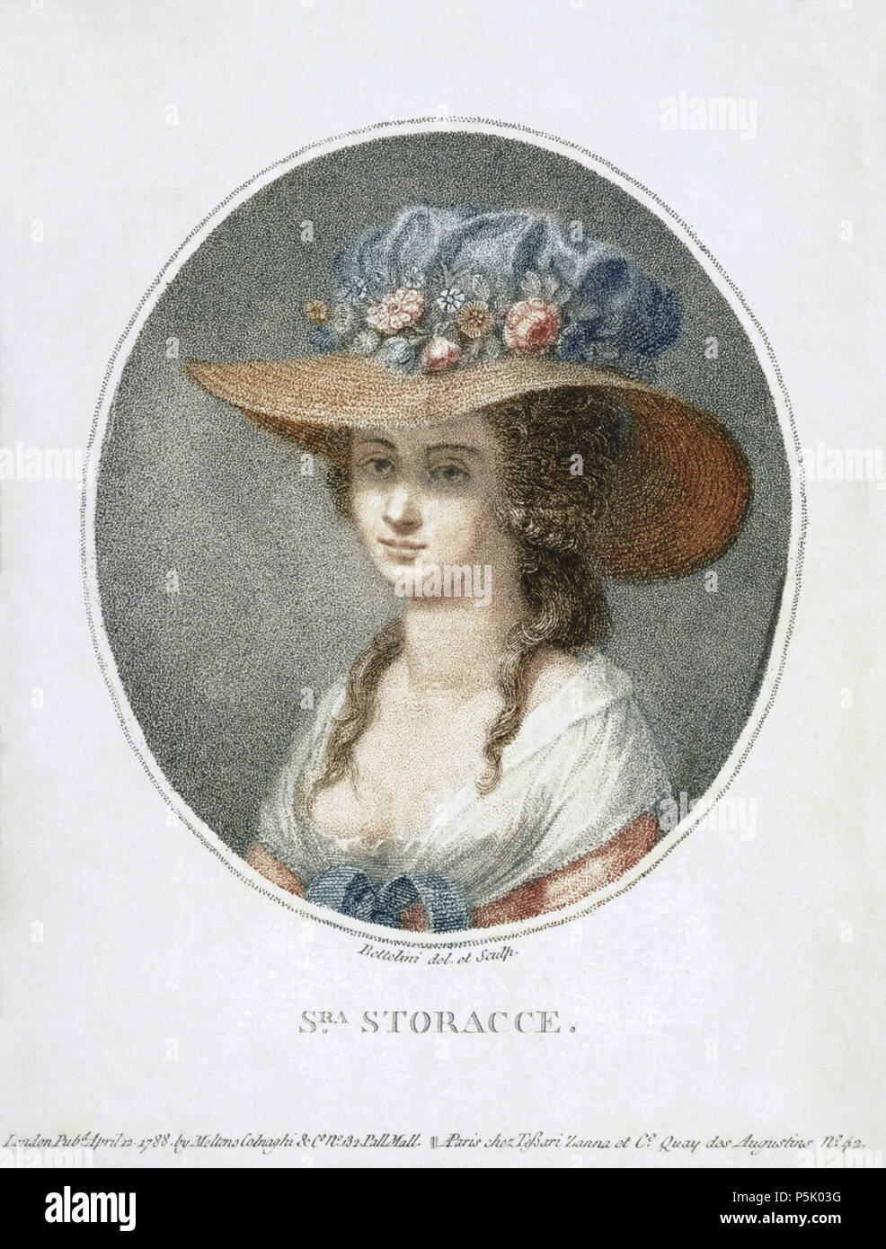 N/A.  Portrait of Nancy Storace (1765–1817), English soprano. Printed in April 12, 1788 by Moltens Colnaghi & Co No. 32 Pall Mall, and in Paris by chez Tessari Zanna et Ce. Quay de Augustins No 42.   This is a retouched picture, which means that it has been digitally altered from its original version. Modifications: There was a lot of staining to the paper, and one or two bits where either the hand-tinting hadn't been done very well, or water damage had occured. As the hand-tinting was generally done as a batch, and not by the artist who made the original engraving, I decided to try and make i Stock Photo