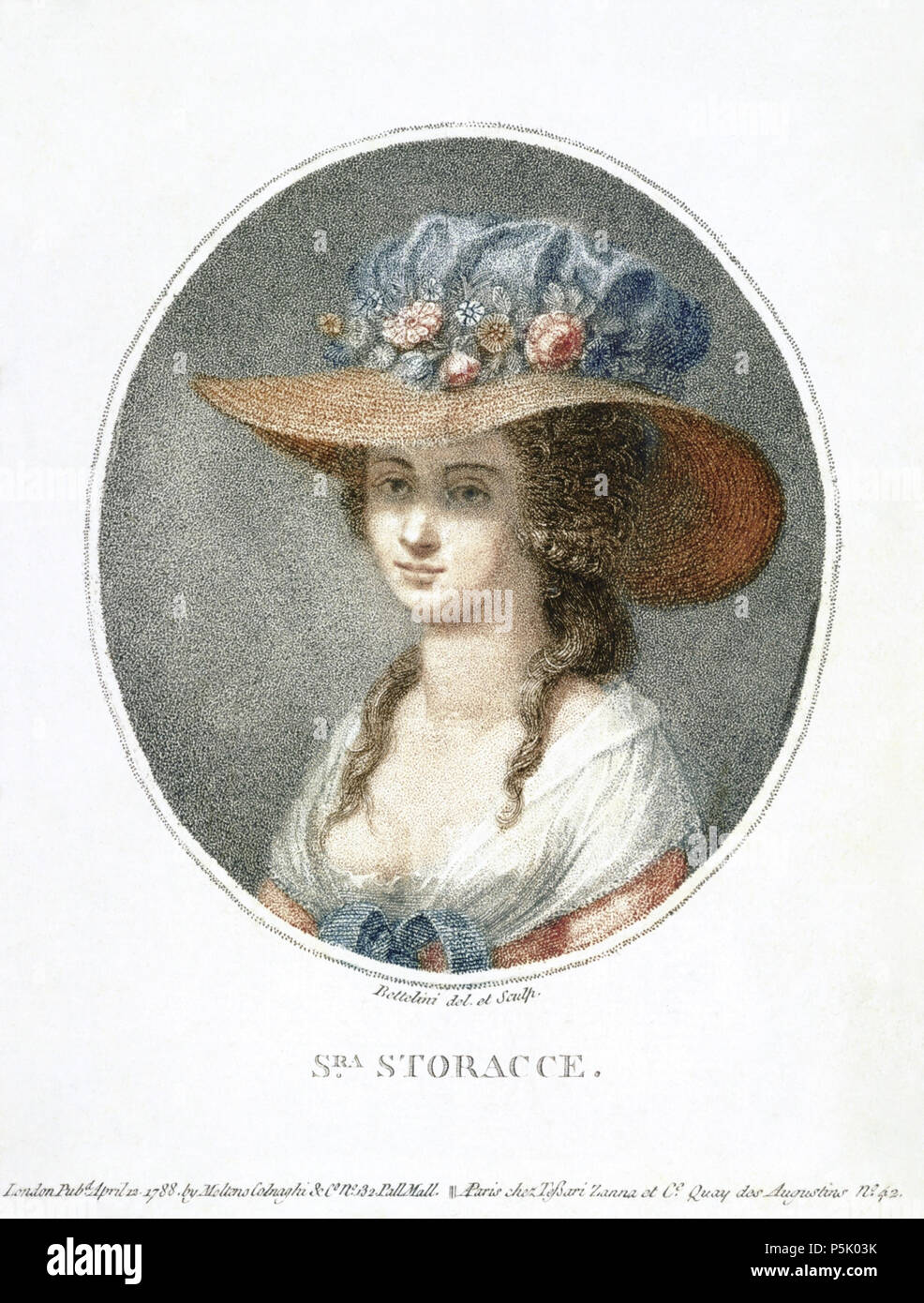 N/A.  Portrait of Nancy Storace (1765-1817), English soprano. Printed in April 12, 1788 by Moltens Colnaghi & Co No. 32 Pall Mall, and in Paris by chez Tessari Zanna et Ce. Quay de Augustins No 42.   This is a retouched picture, which means that it has been digitally altered from its original version. Modifications: There was a lot of staining to the paper, and one or two bits where either the hand-tinting hadn't been done very well, or water damage had occured. As the hand-tinting was generally done as a batch, and not by the artist who made the original engraving, I decided to try and make i Stock Photo