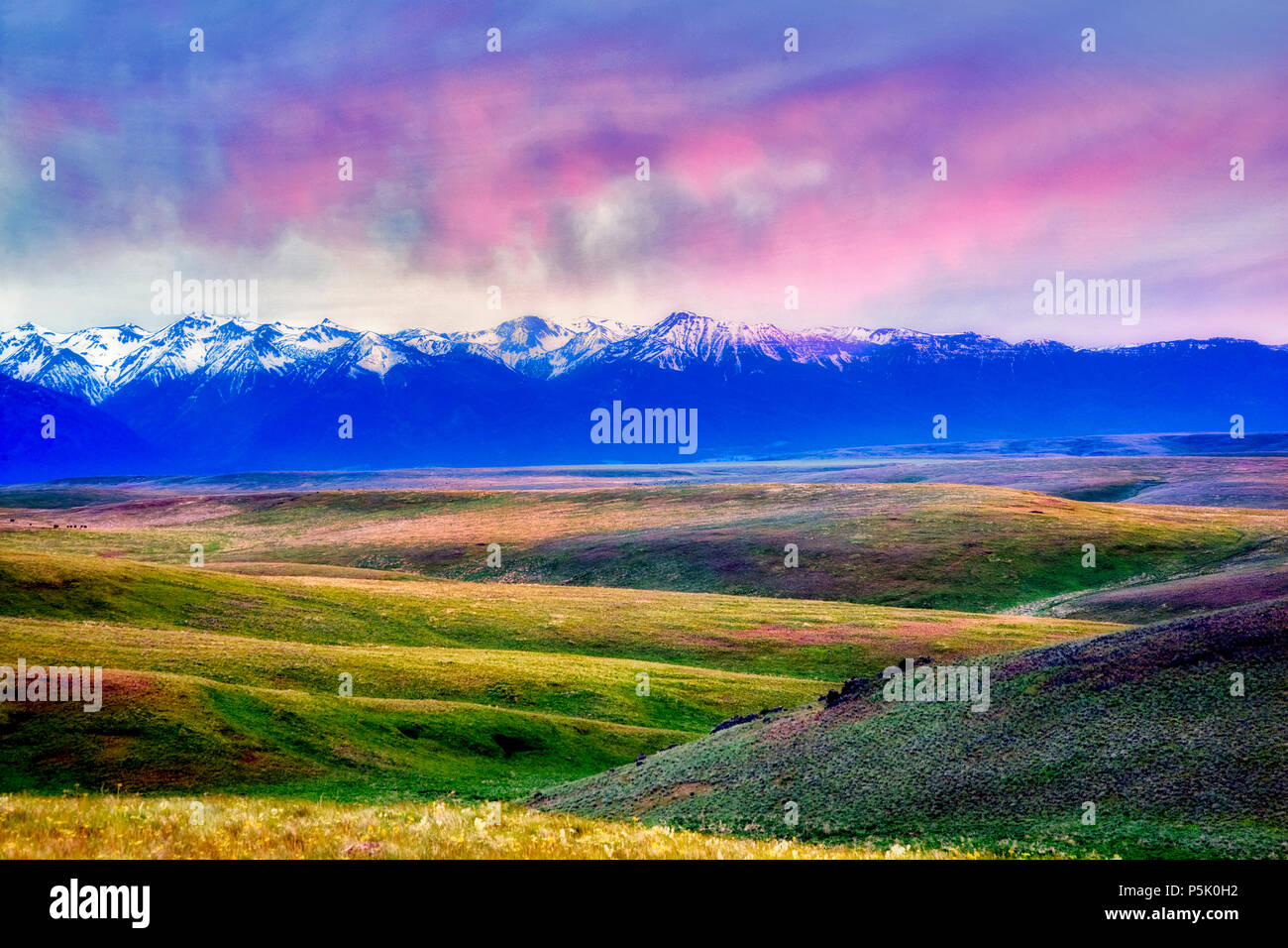 Wallowa Mountain at sunset from Zumwalt Prairie. Oregon Stock Photo