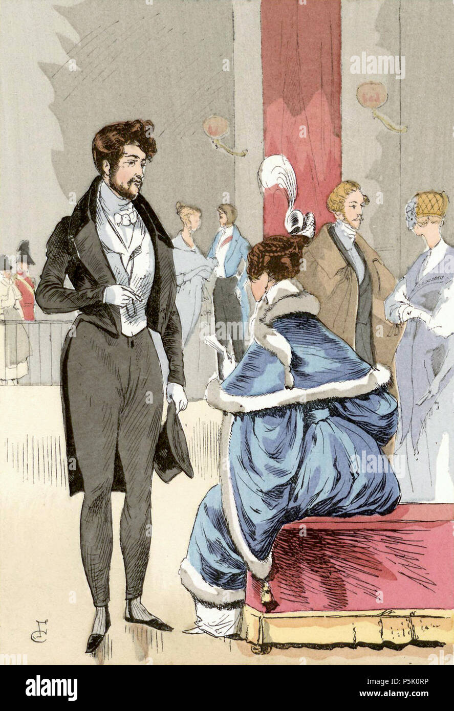 Dandyism in the Romantic period a ballroom in 1834. The gentleman is wearing tight fitting pants, that are lighter than his coat. His pants have boot straps as well, reminiscent of an English riding costume. He wears a short-waisted coat with basques (or tails) à l'anglaise, or longer tails. In his hand, he carries a haut-de-forme (or top-hat). He is dressed rather somberly, reminiscent of the spirit of the 'spleen' during the Romantic Period. The woman seated in front of the man wears a fur-trimmed blue dress and a white feather in her hair. Abstract source: Boucher, François. 20,000 Years of Stock Photo