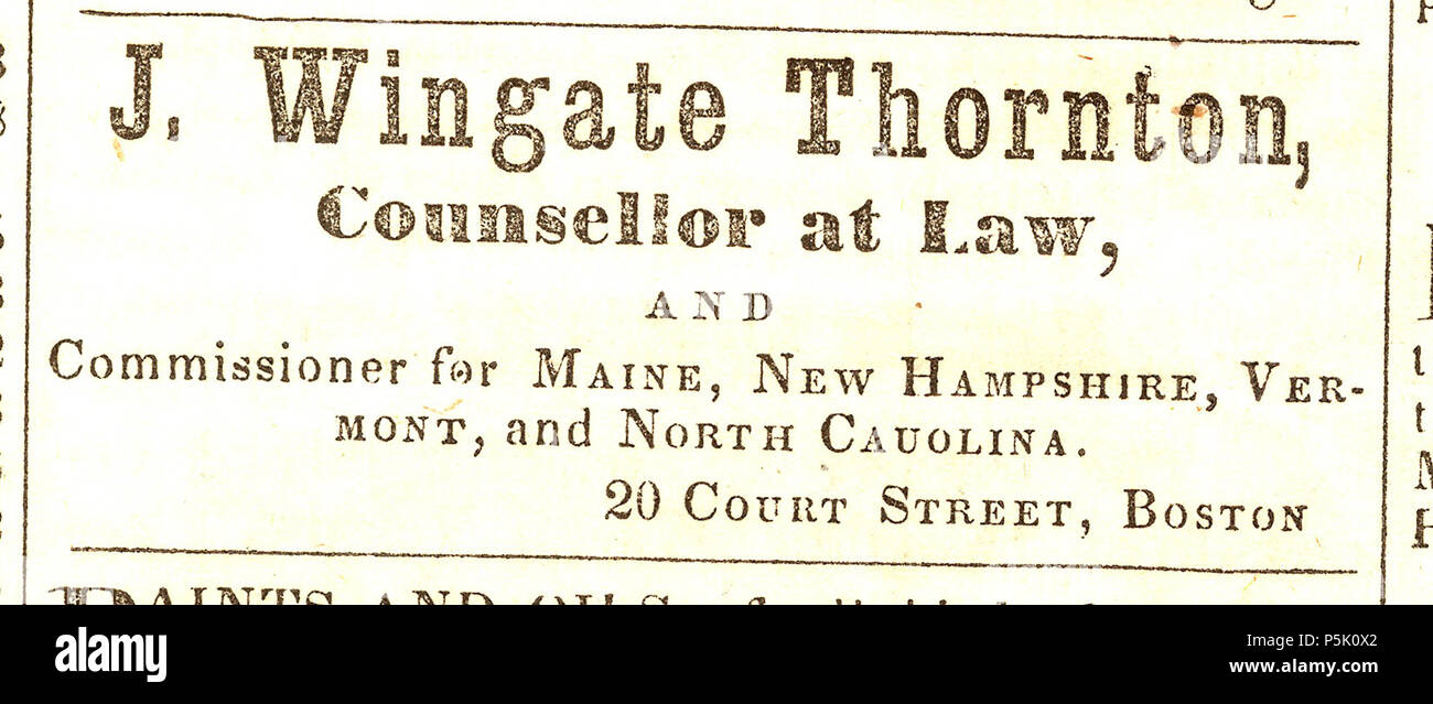 N/A. English: Ad placed in the 'The Union' newspaper (11 Apr 1845; Vol. 1, #11; Saco, ME) by John Wingate Thornton. 11 April 1845. John Wingate Thornton, died 1878. Actual image was scanned by me from an original newspaper owned by myself. 29 1845 0411 JWT AdInSacoUnion Stock Photo