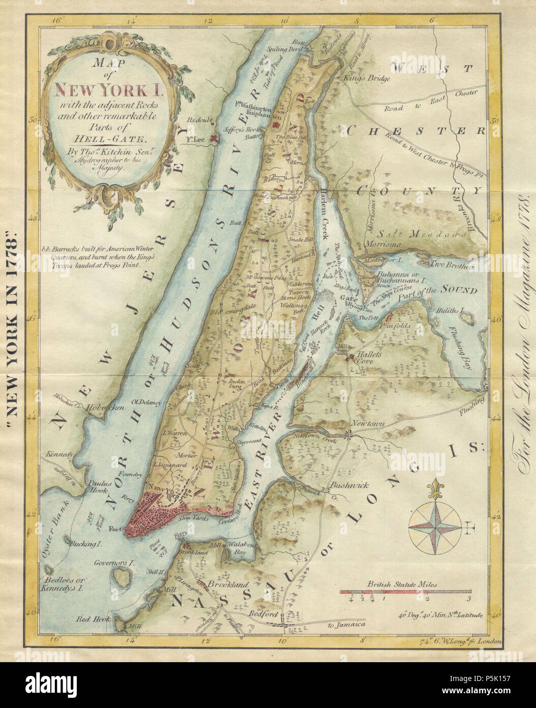 New York in 1778 or Map of New York I.  English: This is an unusual map of New York City in 1778, reduced and reprinted in 1869. The original map was drawn by Thomas Kitchin in his capacity as Hydrographer to His Majesty. It was originally published in The London Magazine. Features the full island of Manhattan with parts of Brooklyn, Queens, and Westchester. What is offered here is actually a c. 1869 reprint of the original, and much larger, 1778 map. Prepared for the 1869 edition of the Shannon’s Manual of The Corporation Of The City of New York . . 1869. N/A 30 1869 Kitchen - Shannon Map of  Stock Photo