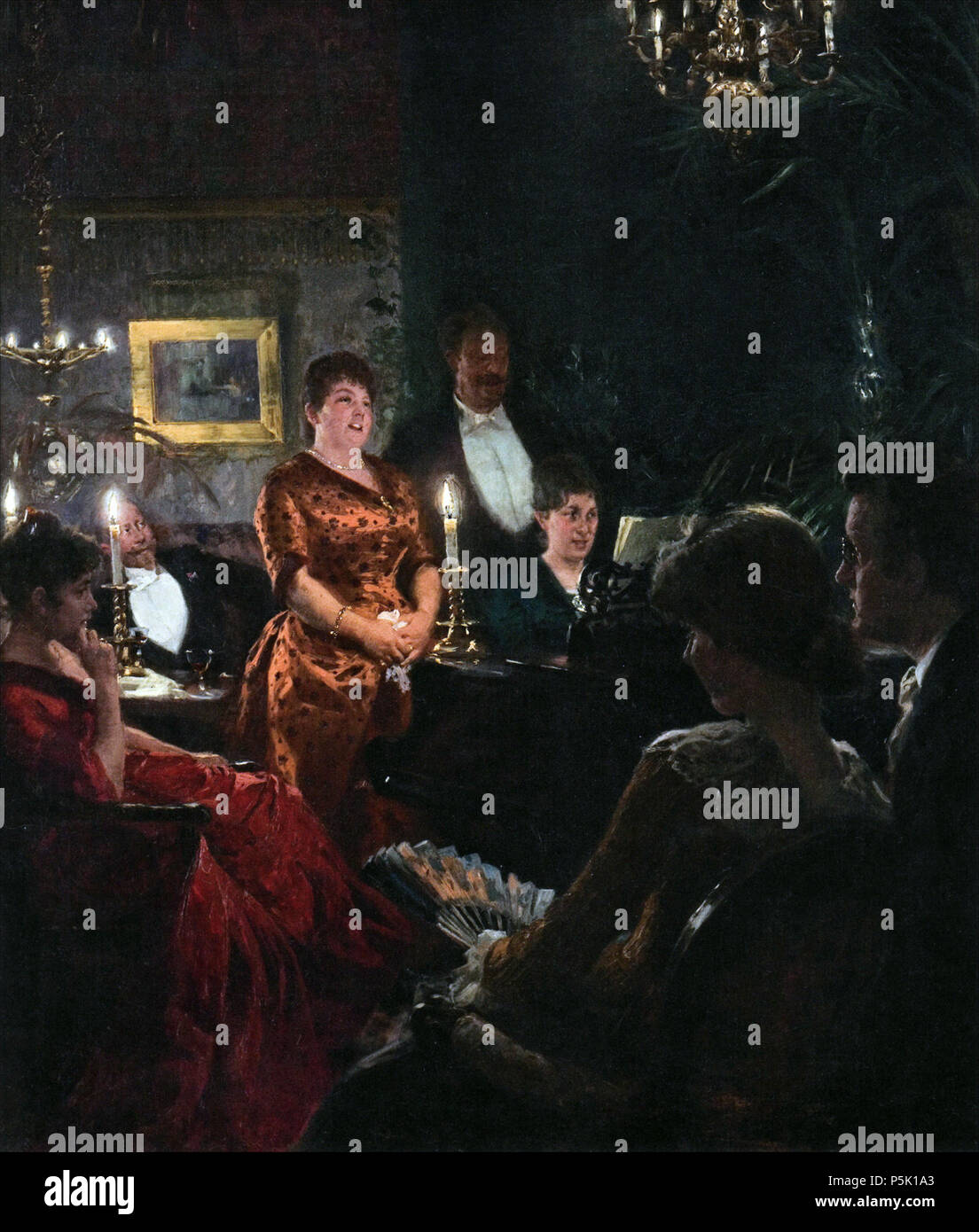 A duet . Miss Beatrice Dietrichsen and the painter Vilhelm Rosenstand in a duet, accompanied by Mrs Vilhelmine Bramsen at the piano. Seen at the front - with her back to the viewer - is Miss Marie Triepcke. Krøyer wanted her to sit for him, and this is his first painting of her. (Source: Peter Michael Hornung (2005): Peder Severin Krøyer, page 229.) . 1887. N/A 31 En duet. (1887 painting) Stock Photo