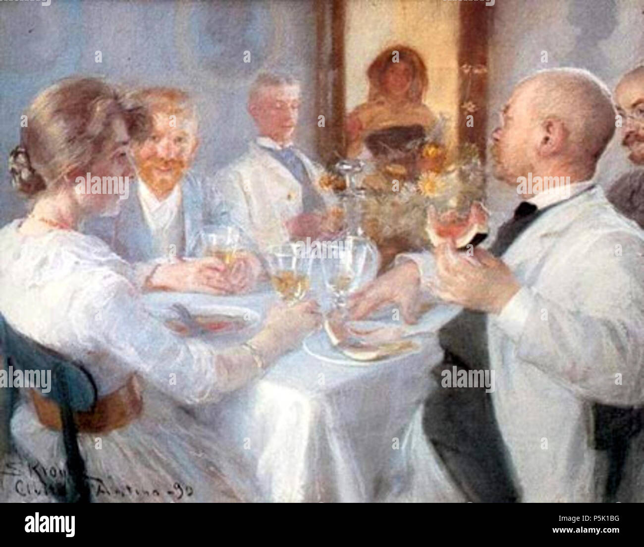 At the Lunch Table in Civita d'Antino .  English: Painting by the Norwegian-born Danish artist P.S. Krøyer titled Ved frokostborder i Civita d'Antino (At the Lunch Table in Civita d'Antino). The scene at Kristian Zahrtmann's lodgings in Casa Cerroni includes (from left) Marie Krøyer, P.S. Krøyer, the young painter Henry Lørup, an Italian waitress, Zahrtmann and the painter Peter Tom-Petersen. (Source: Peter Michael Hornung, Peder Severin Krøyer, 2005, page 240. . 1890. N/A 31 Civita dantino kroyer frokost Stock Photo