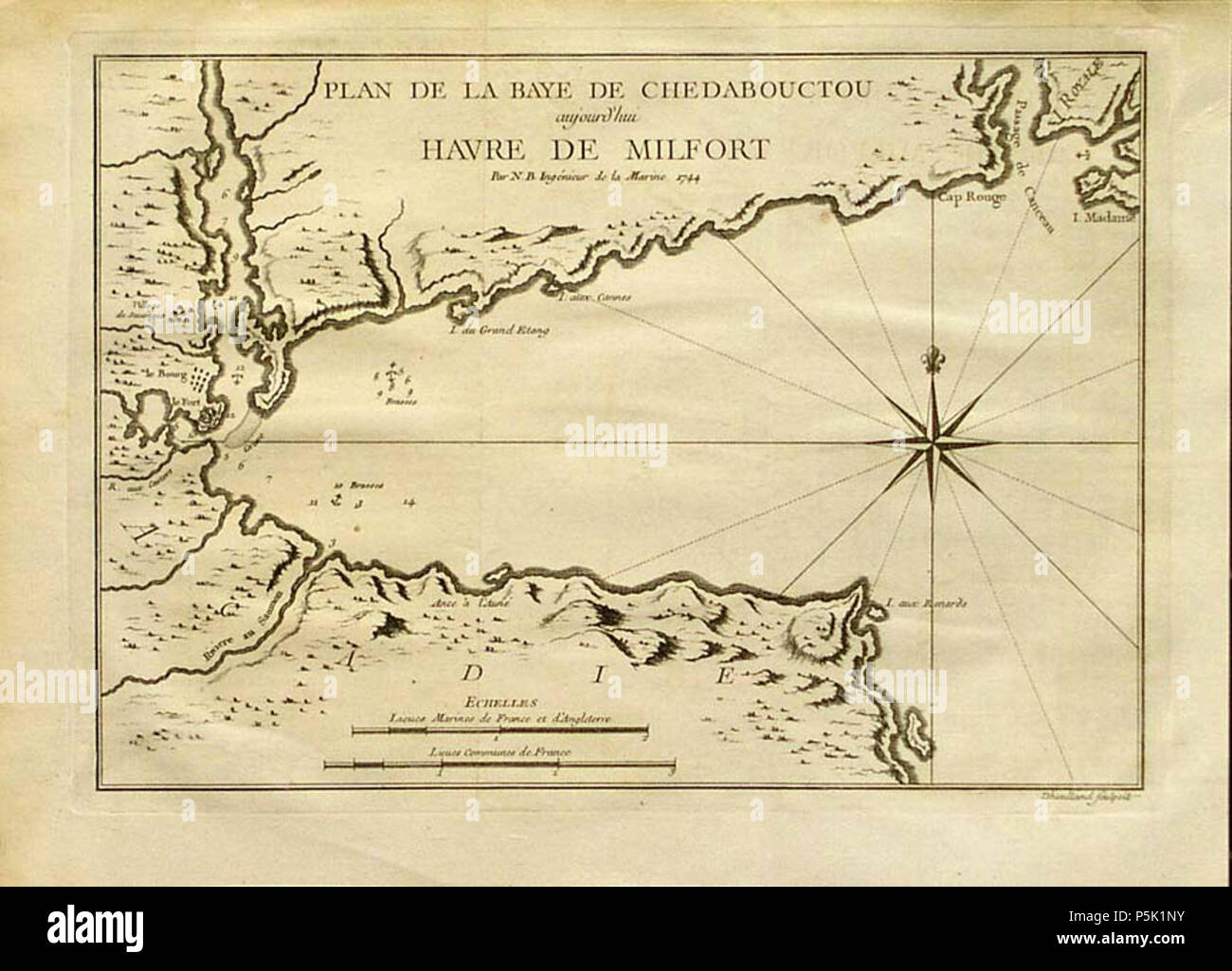 N/A. Français : Carte de la baie de Chedabouctou en Acadie réalisée en 1744. 7 October 2011. Jacques-Nicolas (1703-1772). Cartographe 162 Baie de Chedabouctou Stock Photo