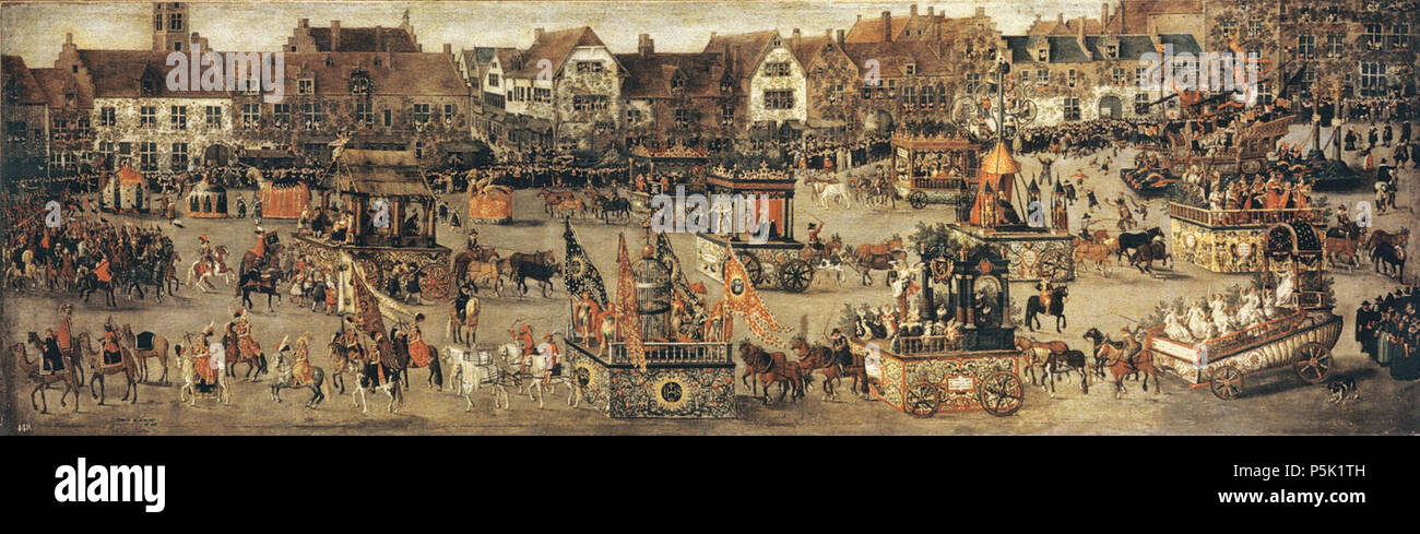 N/A.  English: This is the Triumph of Archduchess Isabella from the Ommeganck (Ommegang) in Brussels on 31 May 1615. It is one of a series of six paintings by Denis van Alsloot commemorating the event. The ten pageant wagons include the legend of King Psapho, the court of Isabella, Diana with 8 nymphs, Apollo with 9 muses, Tree of Jesse, Annunciation, Nativity, Christ w/Doctors of the Church, Virtues of Isabella, and a car honoring Emperor Charles V. (Image reduced, sharpened, contrast and color corrected from original.) . 1616.    Denis van Alsloot  (circa 1570–circa 1626)     Alternative nam Stock Photo