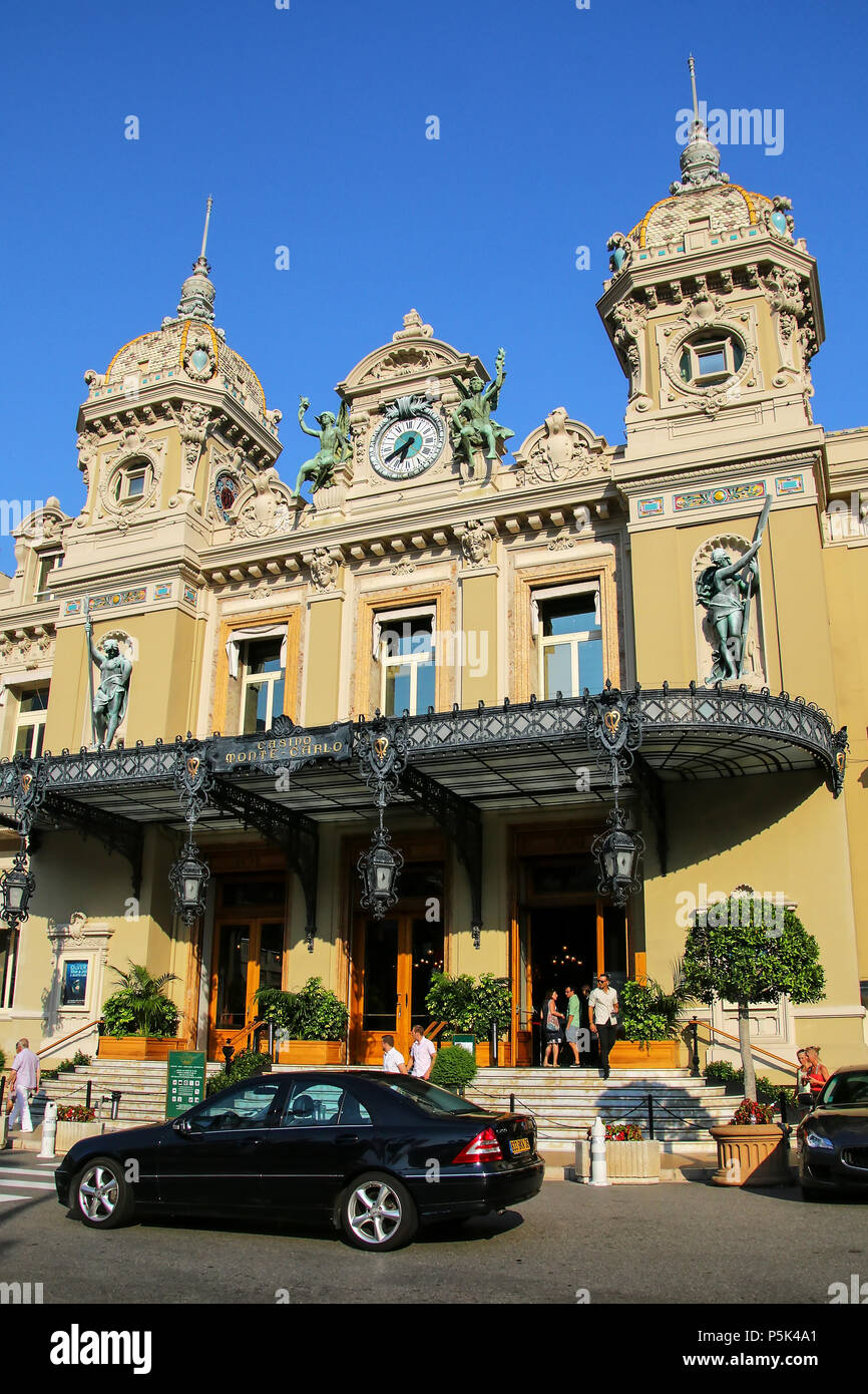 Main entrance of Monte Carlo Casino in Monaco. Monte Carlo Casino is a gambling and entertainment complex. Stock Photo