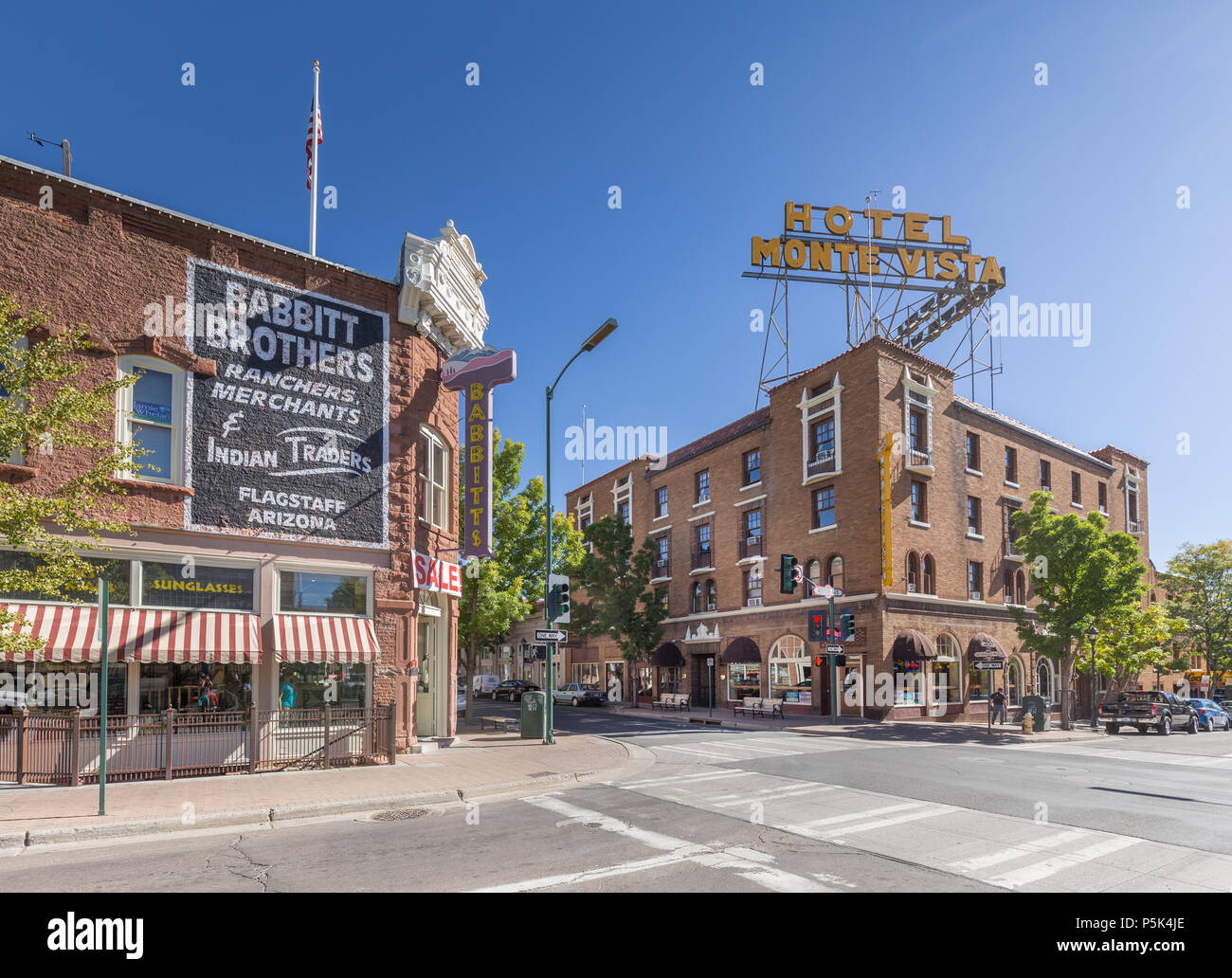 Beautiful view of the historic city center of Flagstaff with famous Hotel Monte Vista on sunny day with blue sky in summer, northern Arizona, American Stock Photo