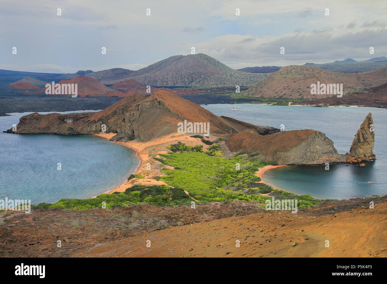 View of Pinnacle Rock on Bartolome island, Galapagos National Park, Ecuador. This island offers some of the most beautiful landscapes in the archipela Stock Photo