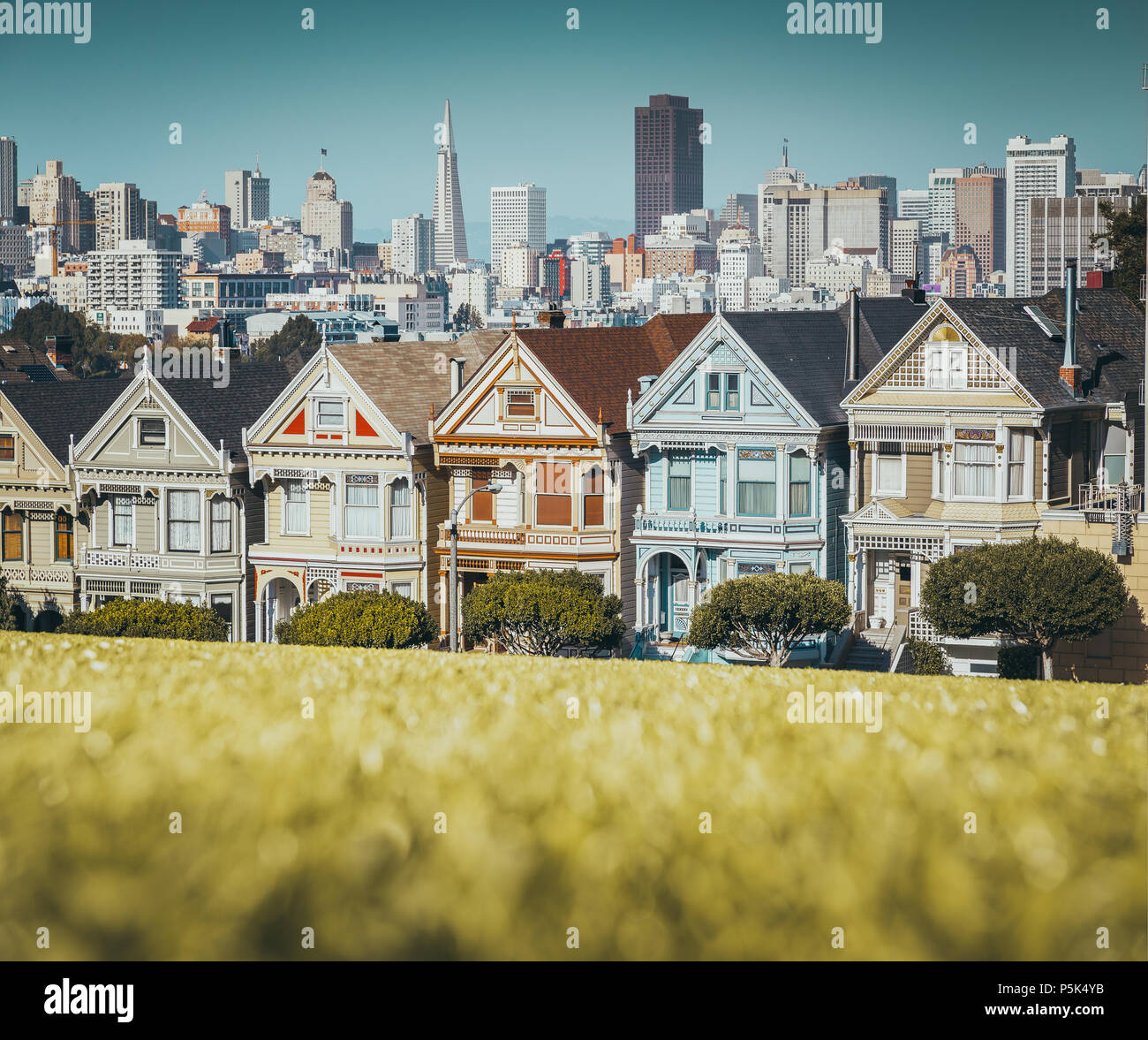 Classic postcard view of famous Painted Ladies, a row of colorful Victorian houses located at Alamo Square, with the skyline of San Francisco, USA Stock Photo