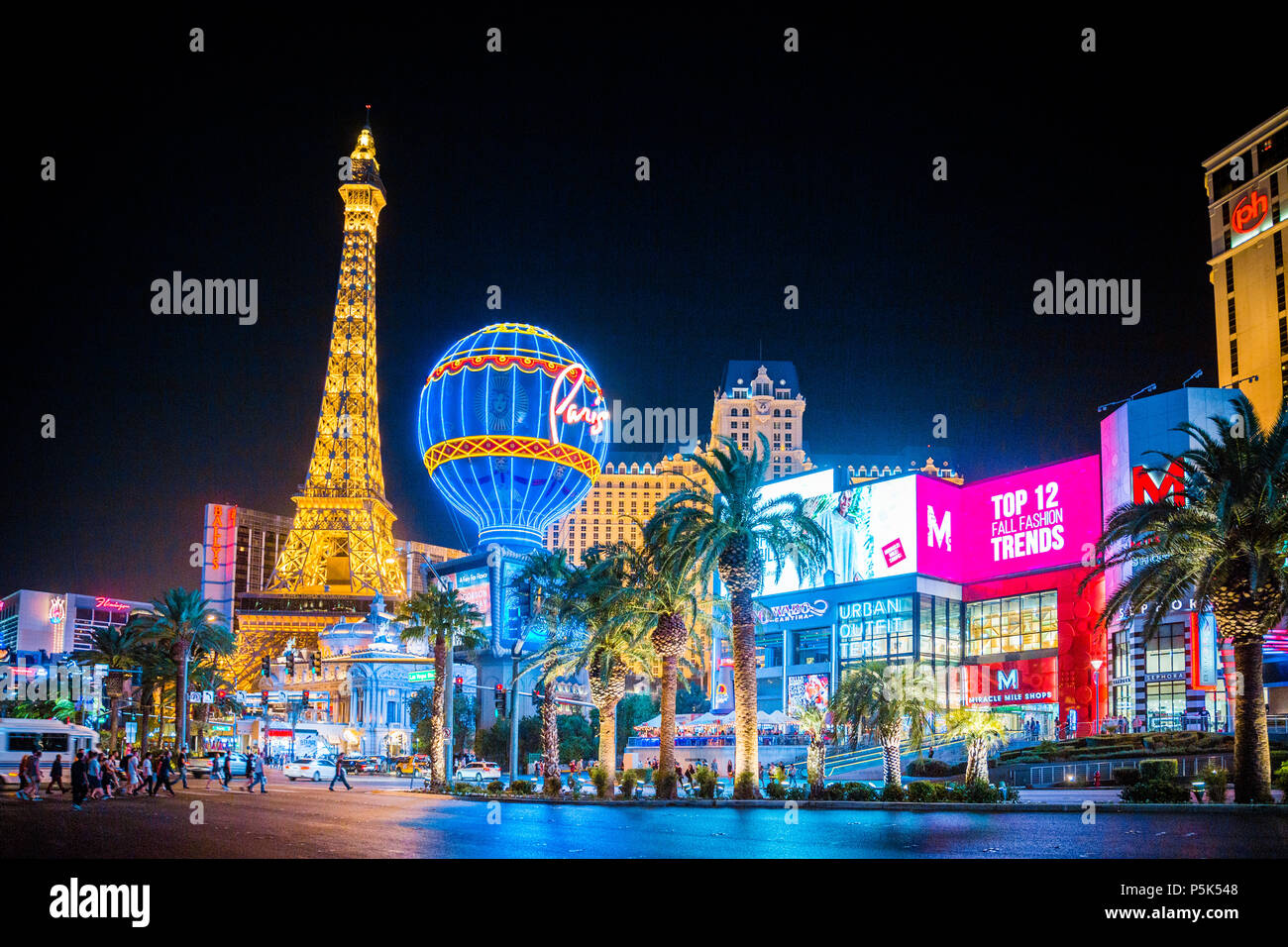 SEPTEMBER 20, 2017 - LAS VEGAS:  Classic panoramic view of colorful Downtown Las Vegas with world famous Strip and Paris Las Vegas hotel complex Stock Photo