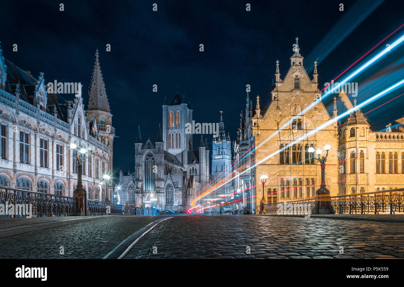 Panoramic view of the historic city center of Ghent illuminated in beautiful post sunset twilight during blue hour at dusk, Ghent, East Flanders, Belg Stock Photo