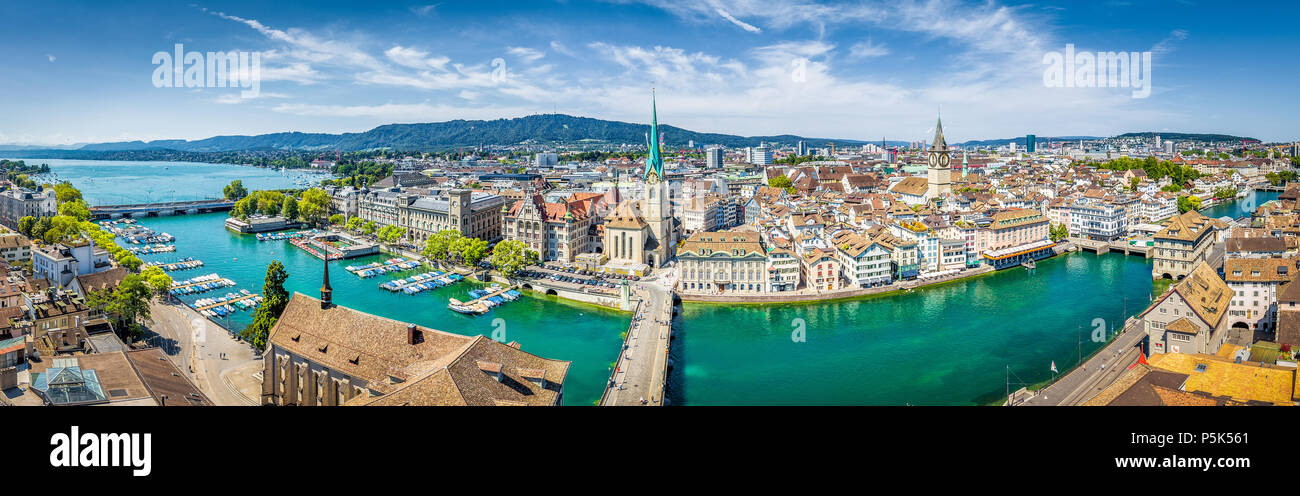 Aerial panoramic view of Zurich city center with famous Fraumunster Church and river Limmat at Lake Zurich from Grossmunster Church, Switzerland Stock Photo
