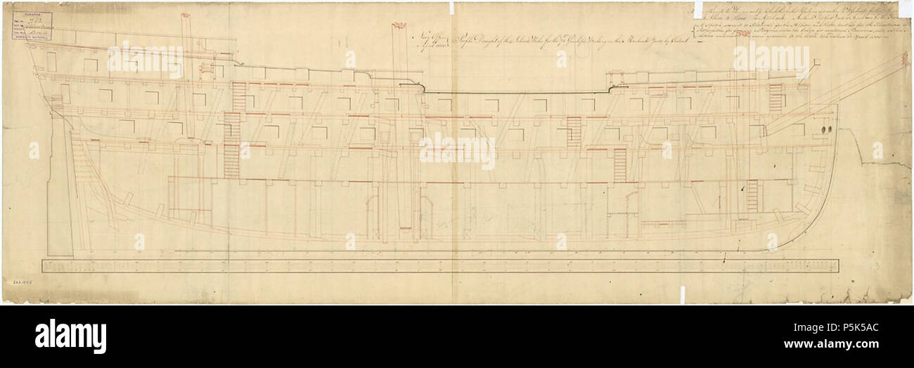 N/A. English: Plan showing the inboard profile for 'Illustrious' (1803), 'Albion' (1802), 'Hero' (1803), and 'Fame' (1805), all 74-gun Third Rate, two-deckers. April 1800. John Henslow 547 Fame (1805) Stock Photo