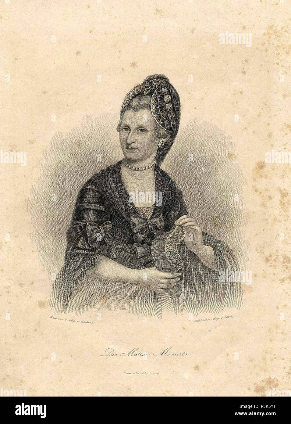 N/A. Die Mutter Mozarts, Stahlstich; um 1830 . circa 1830. A. Weger after Rosa Hagenauer-Barducci 47 A Weger Die Mutter Mozarts c1830 ubs G 1482 II Stock Photo