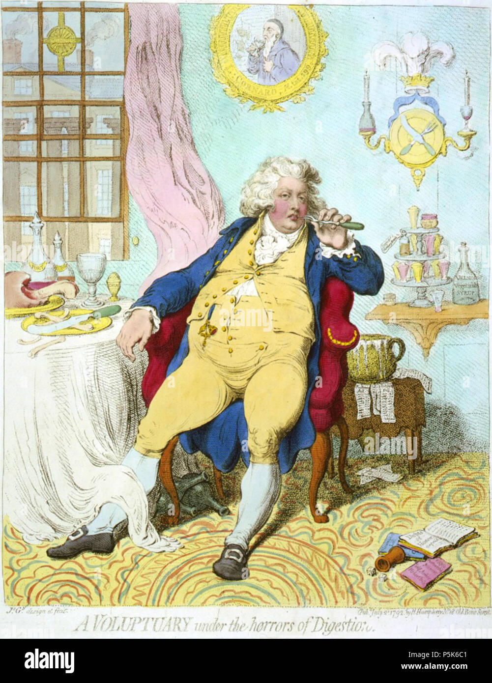 N/A. English: A voluptuary under the horrors of digestion Js. Gy. design et fecit. SUMMARY: Caricature of George IV as the Prince of Wales, languid with repletion, leaning back in an arm-chair, at a table covered with remains of a meal, holding a fork to his mouth. His waistcoat is held together by a single button across his distended stomach. In the background, the Prince of Wales' three ostrich feathers emblem is shown above a knife and fork crossed on a plate (instead of a coat of arms). The picture behind and above the Prince's head is of Luigi Cornaro, a Venetian nobleman who wrote severa Stock Photo