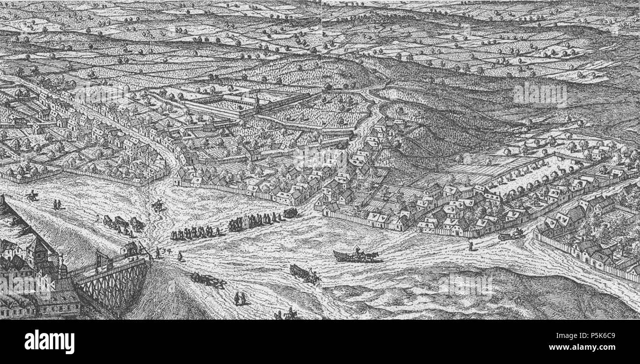 N/A. Deutsch: Vor dem Schottentor 1609. Links die Alservorstadt mit dem kaiserlichen Gottesacker (Friedhof, heute Hof 8+9 des alten AKH). In der Mitte die Währinger Straße mit dem Abhang des Schottenpoints zur Roßau mit dem bürgerlichen Schießplatz. 1609. Hoefnagel 88 Alsergrund 1609 Stock Photo