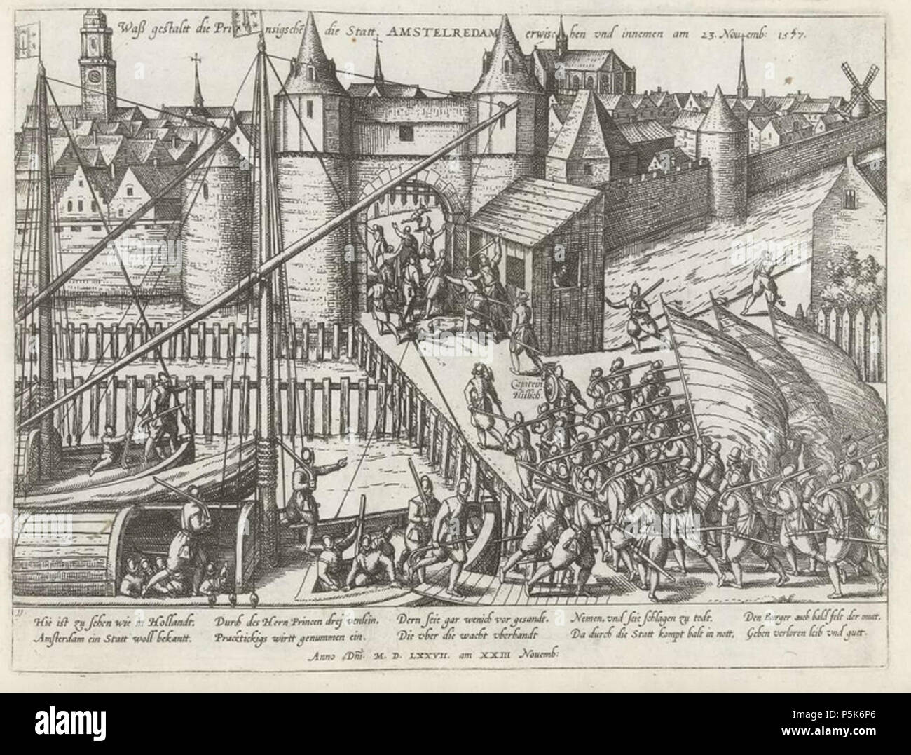 N/A. English: Attack on Amsterdam 1577 . 16th century/16e eeuws 1577 - 1579. Franz Hogenberg 50 Aanslag op Amsterdam 1577 -0 Stock Photo