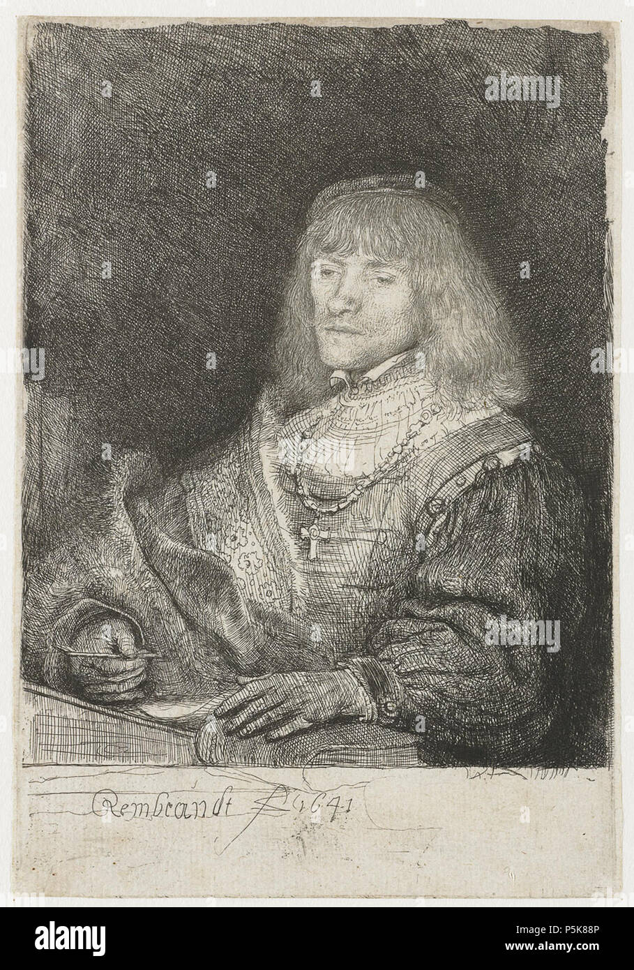 Man at a Desk Wearing a Cross and Chain  1641. N/A 159 B261 Rembrandt Stock Photo