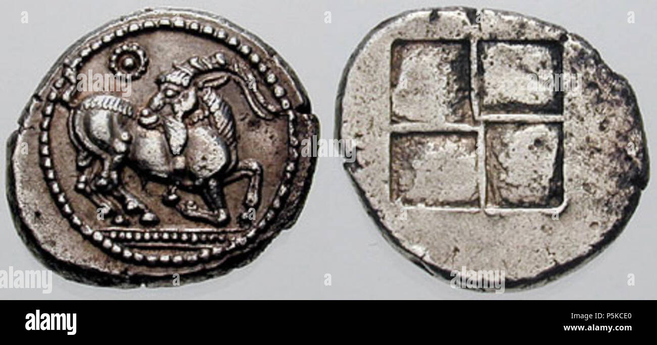 N/A. English: MACEDONIA, Aigai. Circa pre 500 BCE. Tetradrachm (Kneeling goat right, head reverted; annulet above / Quadripartite incuse square. This punning type with a goat (aigoV) clearly alludes to the old Macedonian royal capital Aigai, founded by Perdikkas I . 13 January 2014, 20:35:37. CNG Coins 63 Aegae - Old Macedonia founded by Perdikkas I pre 500 BCE Stock Photo