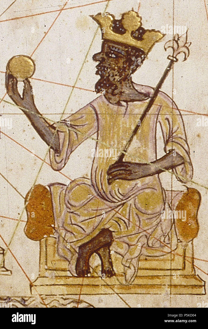 N/A. English: Image of an Saracen king of West Africa, believed to be Mansa Musa, Emperor of Mali. From the Catalan Atlas of 1375, composed by cartographer Abraham Cresques of Majorca. 1375. attrib. Abraham Cresques 65 African king from Catalan Atlas (1375) Stock Photo
