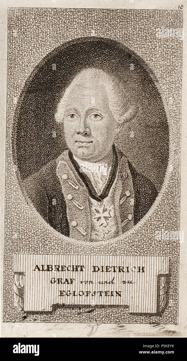 N/A. Bildnis Albrecht Dietrich Gottfried von und zu Egloffstein (1720-1791), 102 x 59 mm (Blatt); Wolfenbüttel, Herzog August Bibliothek, Inventar-Nr. A 5507 . 18th century.   Eberhard Siegfried Henne  (1759–1828)    Description German copper engraver  Date of birth/death 27 July 1759 5 December 1828  Location of birth/death Gunsleben Berlin  Work location Berlin  Authority control  : Q13533372 VIAF:19949902 ISNI:0000 0000 6656 9794 ULAN:500045279 LCCN:no2007157015 NLA:36032269 WorldCat 75 Albrecht von Egloffstein Stock Photo