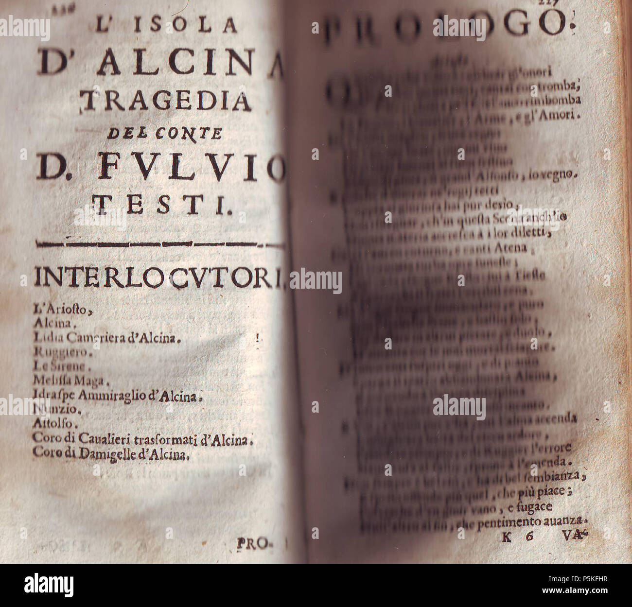 N/A. English: First page of 'L'isola di Alcina', tragedy by Fulvio Testi, italian poet of XVIIth Century. 1701.   Fulvio Testi  (1593–1646)       Description Italian diplomat, poet and politician  Date of birth/death 23 August 1593 28 August 1646  Location of birth/death Ferrara Modena  Work period 17th century  Authority control  : Q594614 VIAF:73902706 ISNI:0000 0000 6633 3239 LCCN:nr97010434 Open Library:OL2106782A GND:117275514 WorldCat 77 Alcina Stock Photo