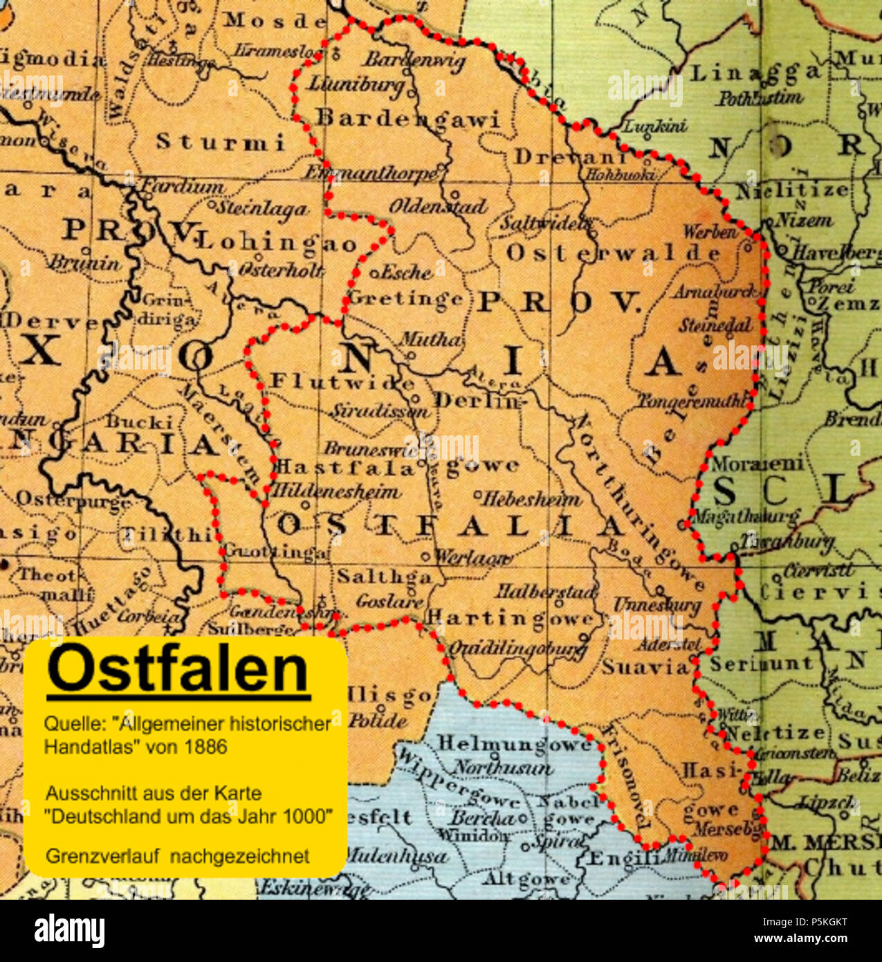86 Allgemeiner historischer Handatlas - Deutschland um das Jahr 1000 - Ausschnitt Provinz Ostfalen Stock Photo
