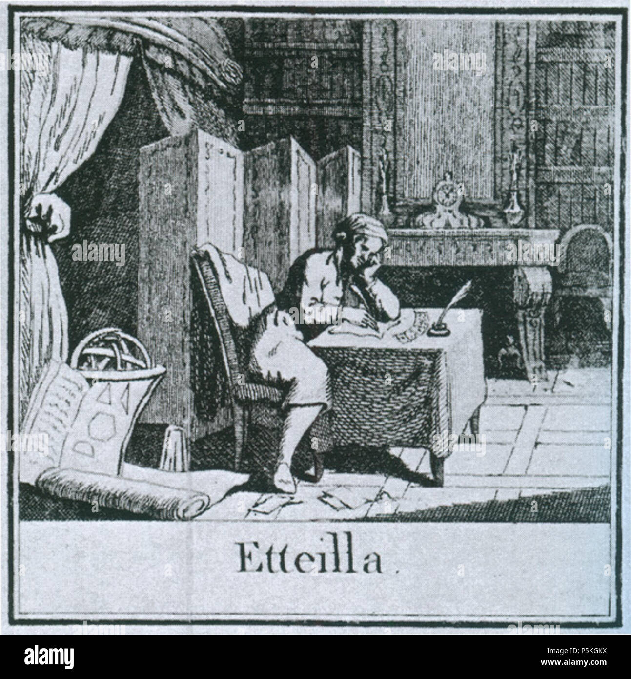 N/A. English: Jean-Baptiste Alliette (Etteilla) at his work table, from the  Cours théorique et pratique du livre de Thot (1790) Italiano: Jean-Baptiste  Alliette (Etteilla) al suo tavolo di lavoro, tratto dal Cours