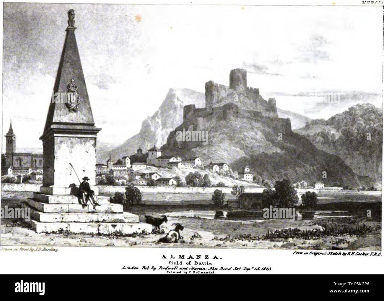 N/A. English: Almanza (work 'Views in Spain') . 1823. Edward Hawke Locker (1777-1849) 86 Almansa 1823 Edward Hawke Locker (cropped) Stock Photo