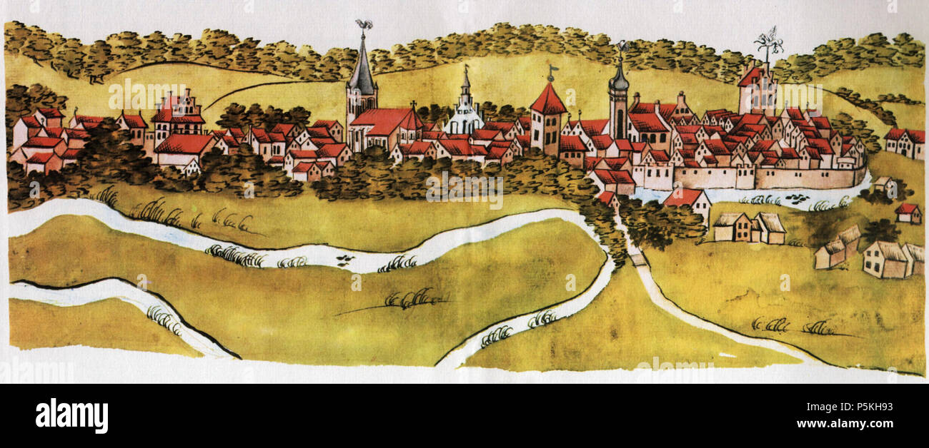 N/A. English: Cityview of Altentreptow from the 'Stralsunder Bilderhandschrift' Deutsch: Gesamtansicht von Altentreptow aus der Stralsunder Bilderhandschrift . between 1611 and 1615. Unknown 89 Altentreptow-1615-StralsunderBilderhandschrift Stock Photo