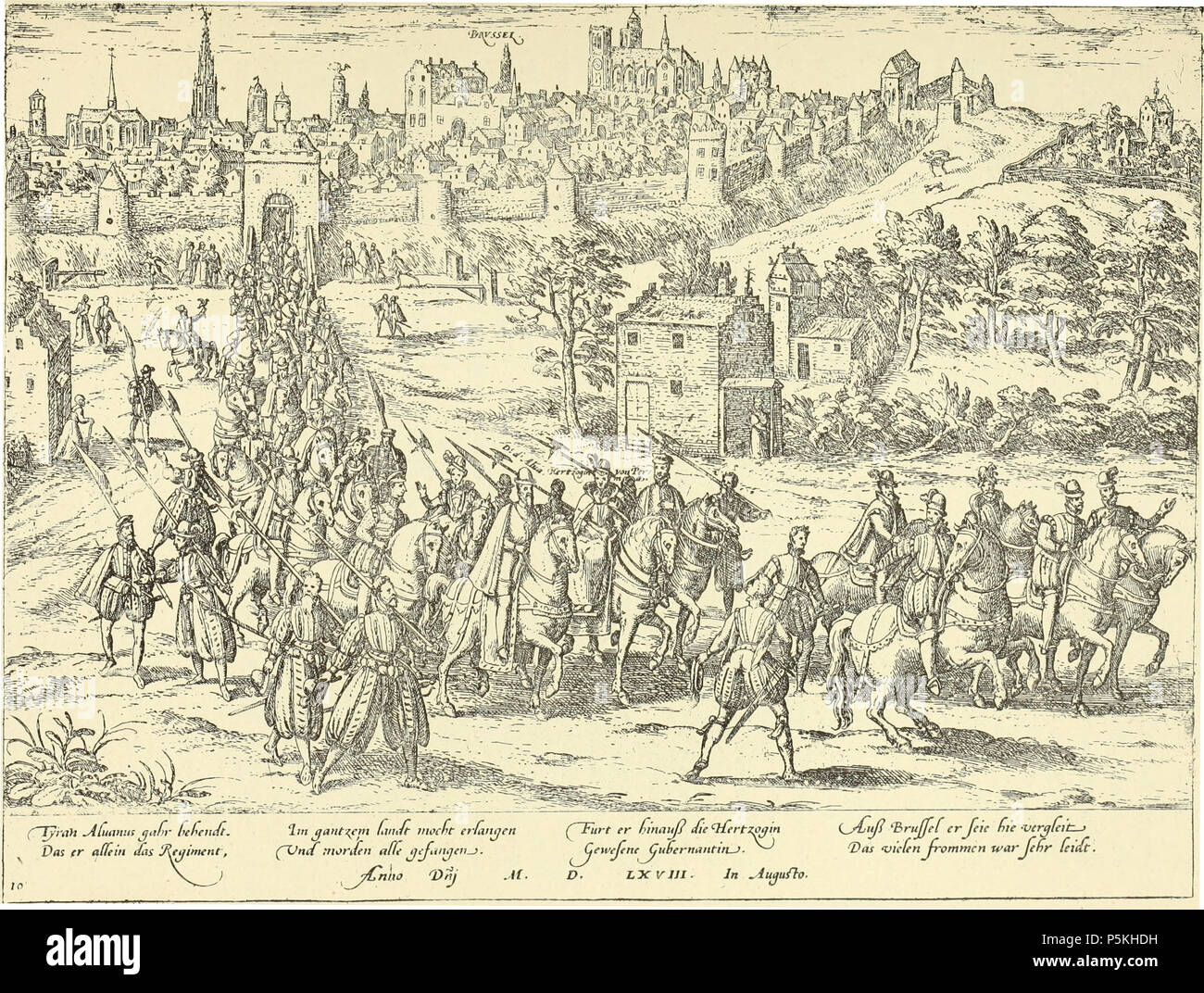 N/A. English: The Duke of Alba conducts Margaret of Parma out of Brussels (august 1568). Engraving by Frans Hogenberg, reproduced in 'Bruxelles à travers les âges' (1884) . 17 August 2015.   Frans Hogenberg  (before 1540–1590)    Alternative names Franz Hogenberg, Frans Hogenbergh, Frans Hogenberch  Description Flemish engraver and cartographer  Date of birth/death before 1540 1590  Location of birth/death Mechelen Cologne  Work period 1568-1588  Work location Antwerp (1568), London (1568), Cologne (1570-1585), Hamburg (1585-1588), Denmark (1588)  Authority control  : Q959748 VIAF:100197099 IS Stock Photo