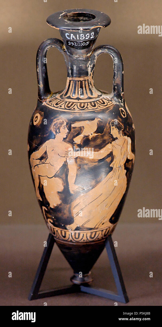 N/A.  English: Young man seated with a woman. Side A from a red-figure amphoriskos. Français : Jeune assis et une femme. Face A d'une amphorisque à figures rouges. . between circa 425 and circa 400 BC. N/A 94 Amphoriskos Louvre CA1892 Stock Photo