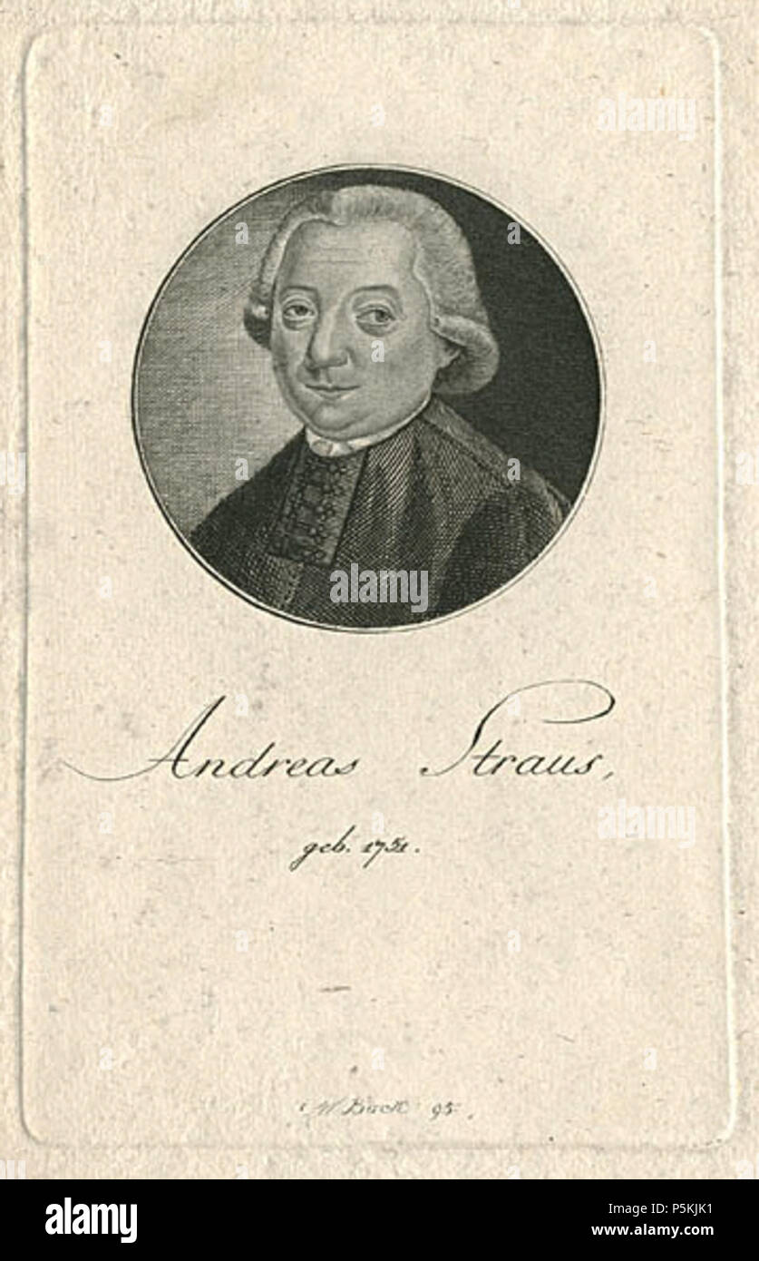 N/A. Porträt des Andreas Strauss (1751-1805), letzter Klosterbibliothekar der Augustiner-Chorherren in Rebdorf bei Eichstätt, von Christoph Wilhelm Bock; Eichstätt, bei Matth. Kajetan Schmid, 1791 . 1791.   Christoph Wilhelm Bock  (1755–1835)     Description German engraver, painter and draughtsman  Date of birth/death 3 March 1755 17 August 1835  Location of birth/death Nuremberg Nuremberg  Work location Nuremberg  Authority control  : Q1086094 VIAF:32403472 ISNI:0000 0000 6666 5655 ULAN:500073019 GND:103141693 Koninklijke:30685015X 99 Andreas Strauss by C W Bock Stock Photo