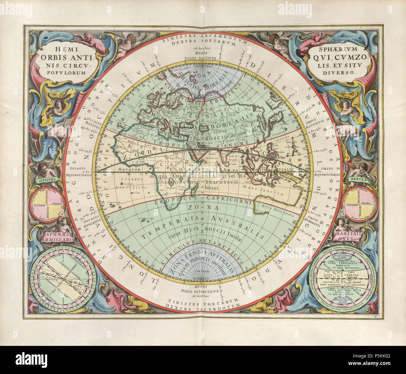 N/A. Andreas Cellarius: Harmonia macrocosmica seu atlas universalis et novus, totius universi creati cosmographiam generalem, et novam exhibens. Plate 13. HEMISPHÆRIVM ORBIS ANTIQVI, CVM ZONIS, CIRCVLIS, ET SITV POPVLORUM DIVERSO - The hemisphere of the Old World, with its (climate) zones, (meridian) circles and the dwelling places of the distinctive races. 1661.   Andreas Cellarius  (1596–1665)      Description German cartographer  Date of birth/death 1596 1665  Location of birth/death Neuhausen Hoorn  Authority control  : Q496645 VIAF:100166893 ISNI:0000 0001 2283 4178 LCCN:n82045031 GND:124 Stock Photo