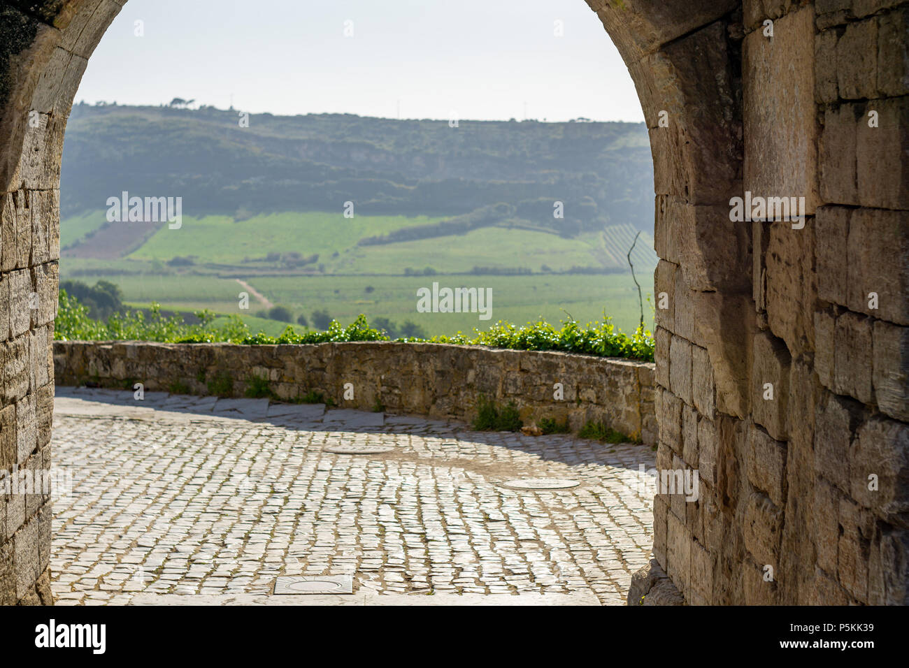 Lush green landscape view through a stone archway Stock Photo - Alamy