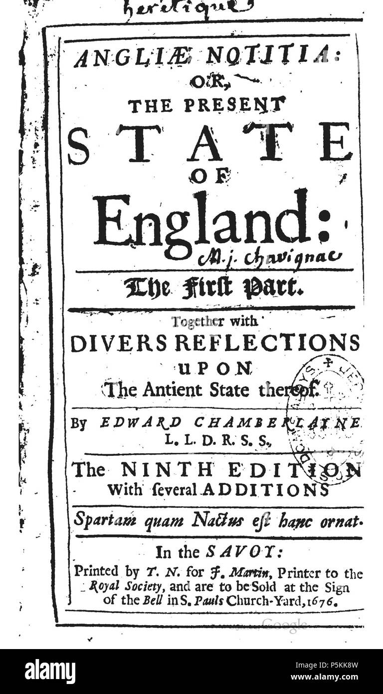 102 Angliæ Notitia, or The Present State of England. The First Part (9th ed, 1676, title page) by Edward Chamberlayne Stock Photo