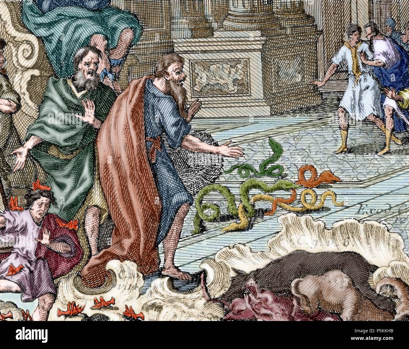 Aaron. High Priest of the Israelites. Aaron throwing her stick, which became in serpent, in front of the Pharaoh. Exodus. Colored engraving. Stock Photo