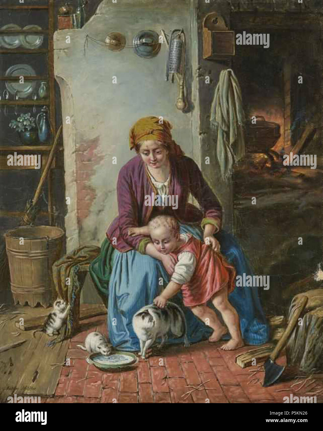 111 Anton Müller - Mutter mit Kind beim Füttern der Katzen Stock Photo