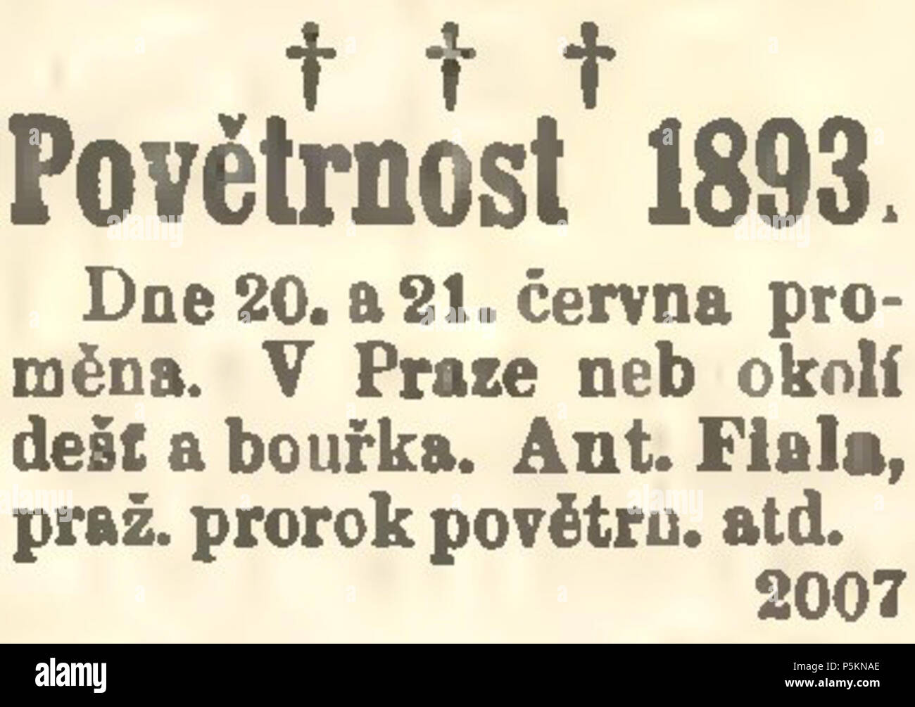 N/A. English: Classified ad with a weather forecast for Prague on June 20 and 21, 1893, by an excentric amateur meteorologist. 20 June 1893. Antonín Fiala (1836-1912) 112 Antonin Fiala predpoved 18930620 Stock Photo