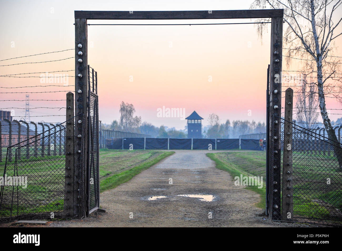 Sunset - Auschwitz:  Gate to Auschwitz-Birkenau concentration camp surrounded by barbed wire fences, guard tower and beautiful pink sky background Stock Photo