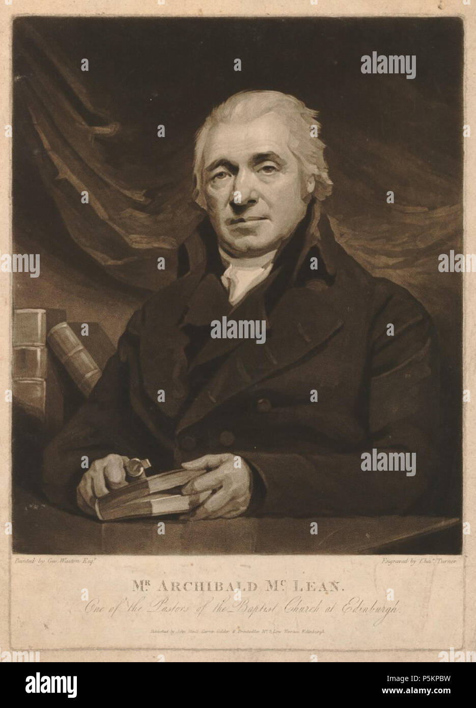 N/A.  English: Portrait of Archibald McLean (1738–1812), Scotch Baptist minister. . between 1788 and 1857.    Charles Turner  (1774–1857)     Description English engraver and draughtsman  Date of birth/death 31 August 1774 1 August 1857  Location of birth/death Woodstock Warren Street  Work location London  Authority control  : Q5083052 VIAF:10113060 ISNI:0000 0001 1593 7849 ULAN:500012106 LCCN:nr96003416 NLA:35039857 WorldCat      After George Watson  (1767–1837)     Alternative names Watson  Description painter portrait painter, president of the Royal Scottish Academy  Date of birth/death 17 Stock Photo