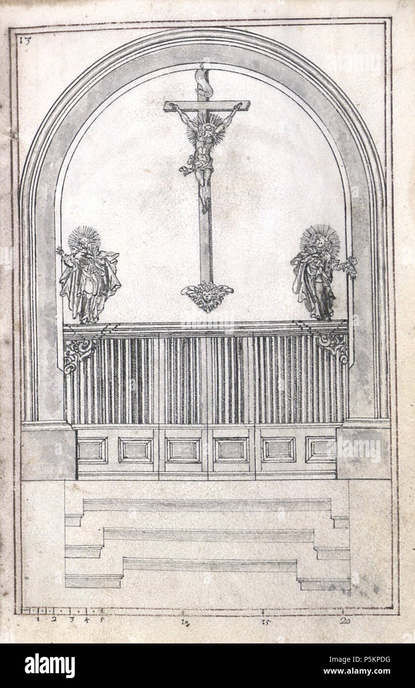 N/A. Architectura Capucinorum, Handschrift, 17. Jh., Württembergische Landesbibliothek, Cod. Don. 879, fol. 11v, Transversalbogen am Übergang zum Psallierchor mit Chorgitter und Kreuzigungsgruppe (nach Walther Hümmerich) . 17th century.   Probus Heine  (–1677)    Alternative names Probus Haine  Description German monk and builder  Date of birth/death 17th century 30 October 1677  Location of birth/death Pfullendorf Freiburg im Breisgau  Work location Switzerland (1654-1668), Baden-Württemberg (1656-1673) , France (ca. 1654-1659)  Authority control  : Q17325754 120 Architectura Capucinorum 12r Stock Photo