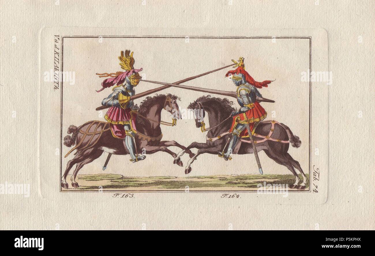 Two knights in armor on horseback fighting a duel with lances in a tourney.. . The knight on the right has aimed his lance at his opponent's helmet vizor, while the knight on the left aims at the lion rampant on his opponent's helmet.. . Handcolored copperplate engraving from Robert von Spalart's 'Historical Picture of the Costumes of the Principal People of Antiquity and of the Middle Ages' (1796). Stock Photo