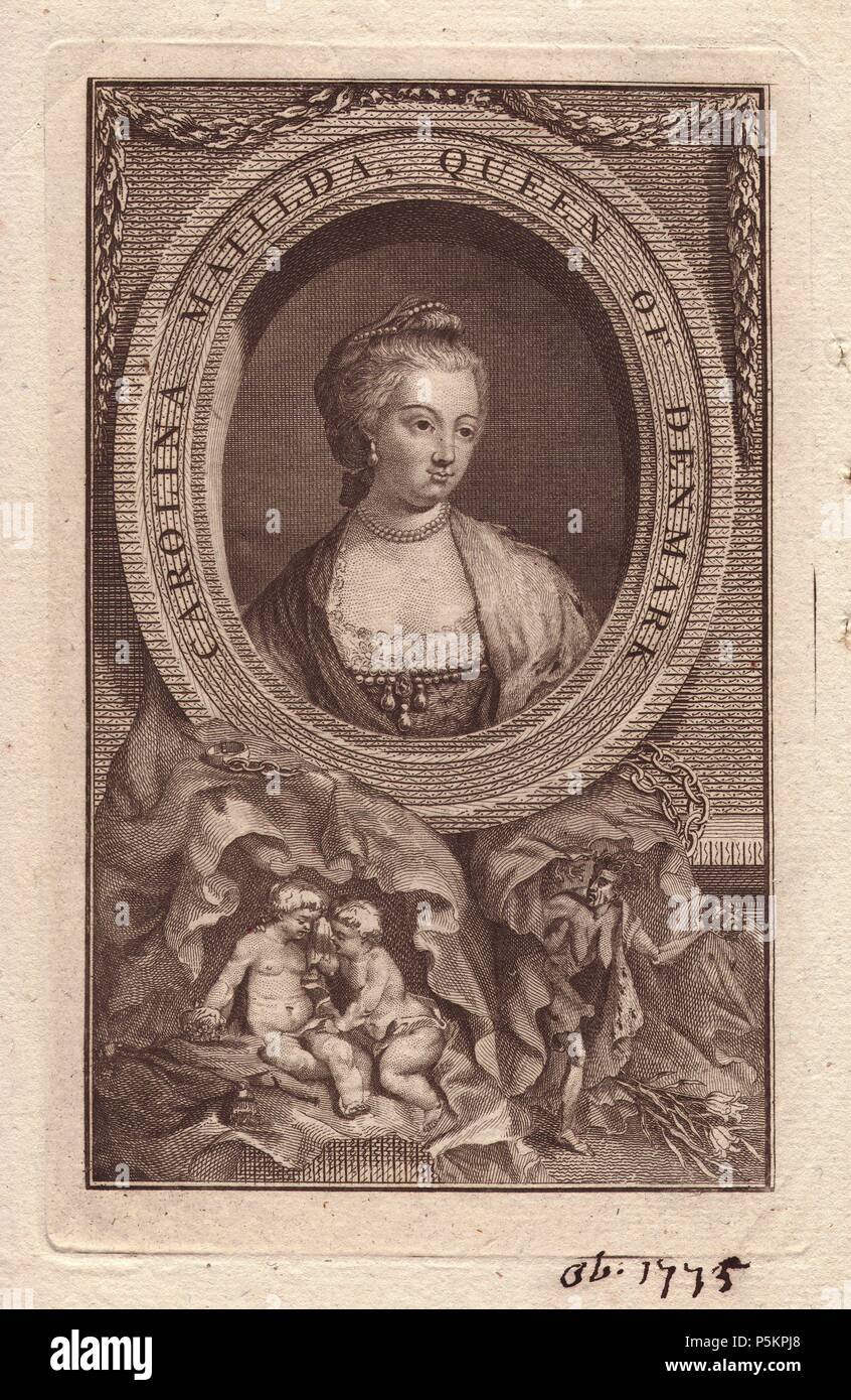 Queen Carolina Matilda (1751-1775), Queen of Denmark and Norway. Portrait within an oval frame, above a vignette of two weeping children holding a crown being watched by an old hag with a crown. . Copperplate engraving from an 18th century magazine. Stock Photo