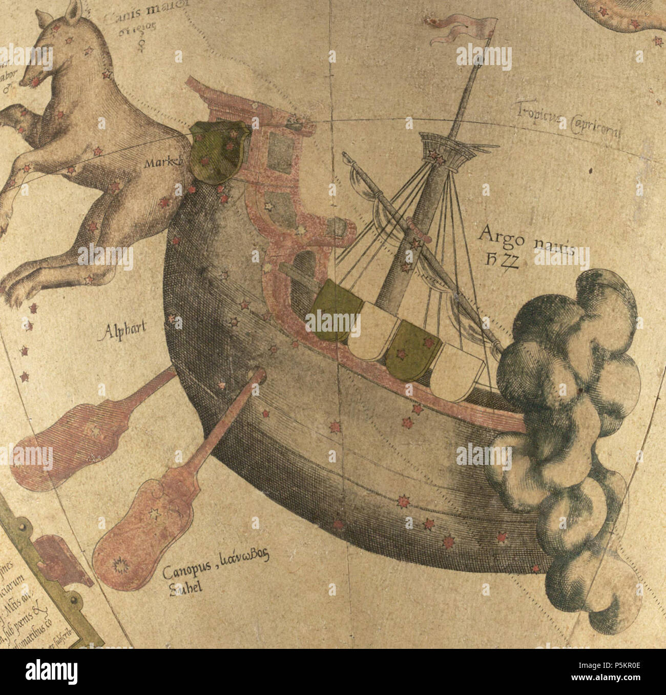 N/A. English: Argo Navis constellations from the Mercator celestial globe. 1551. Gerard Mercator (1512-1594) 121 Argo Navis - Mercator Stock Photo