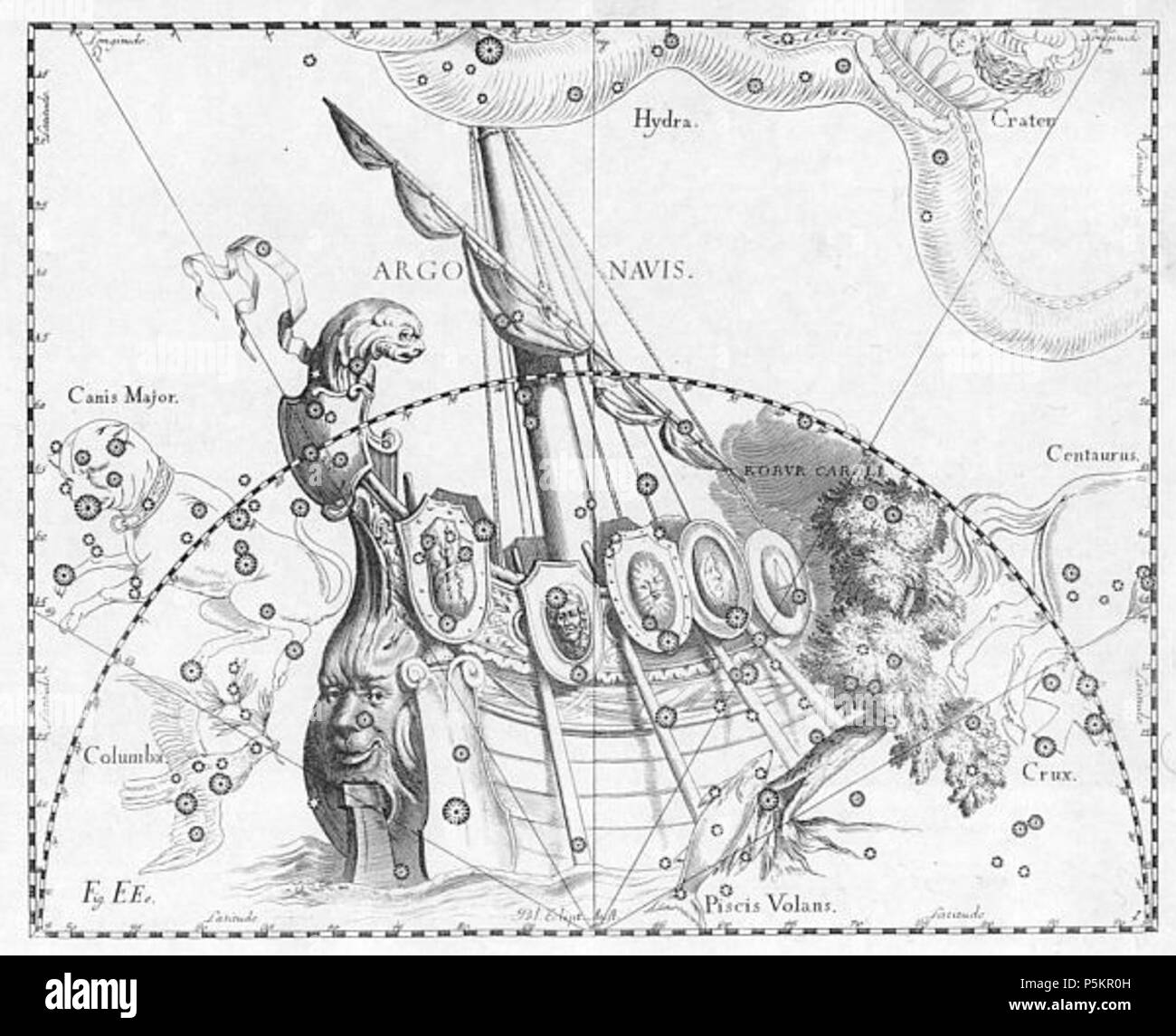 N/A. The en:Argo Navis constellation from Uranographia by Johannes Hevelius. The view is mirrored following the tradition of celestial globes, showing the celestial sphere in a view from 'ouside' . 1690. Johannes Hevelius 121 Argo Navis Hevelius Stock Photo