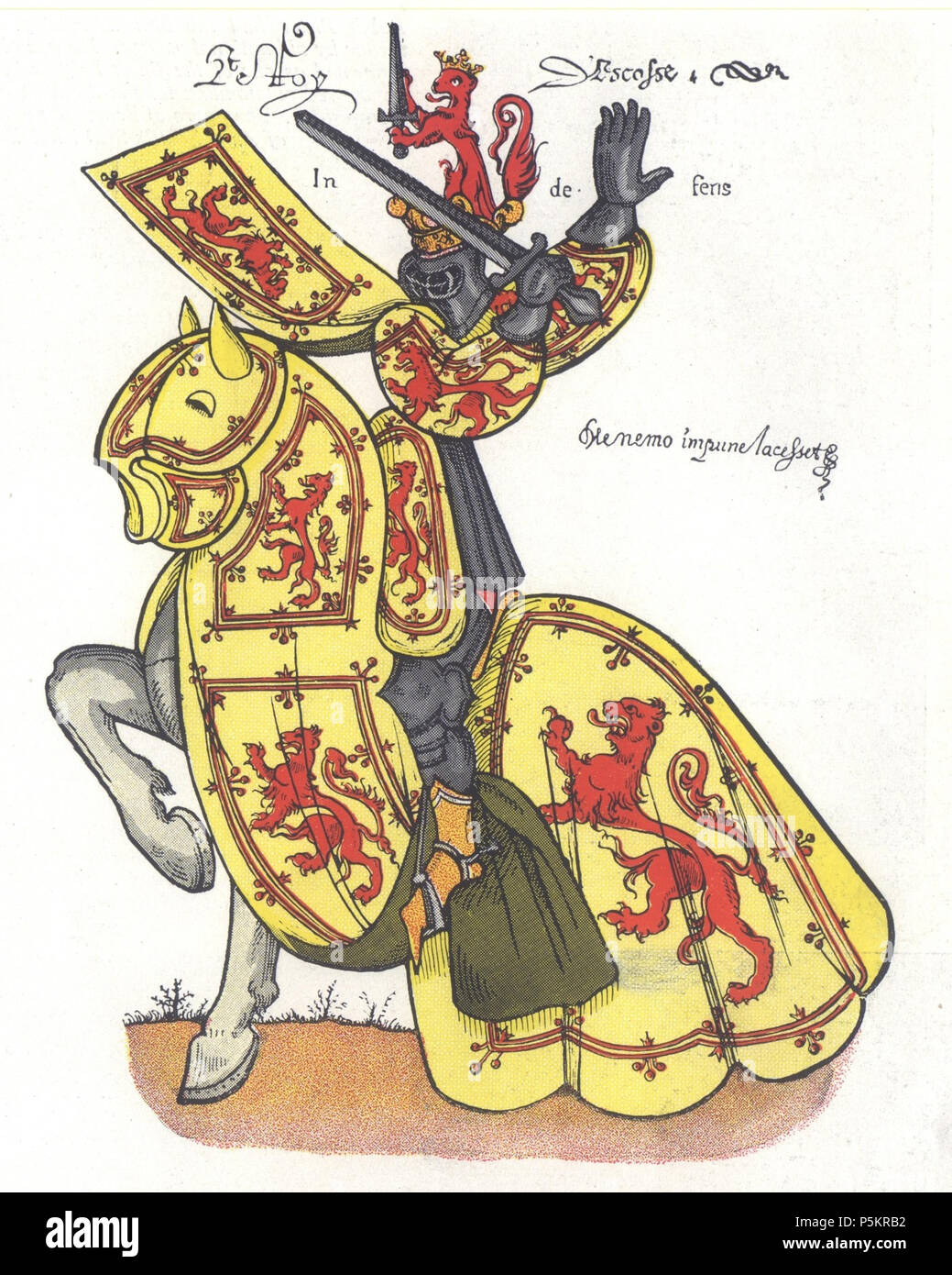 N/A. English: A 15thC armorial depiction of the King of Scots, showing the arms of William the Lion, as adopted by Scotland's later kings who added the tressure featuring the French fleur-de-lys symbolising the traditional Franco-Scottish alliance against England. Below the title 'Le Roy d'Escosse' appear the mottoes of the Royal Stewart kings of Scotland: 'In defens' and 'Me nemo impune lacessit' [No-one damages me with impunity]. 2 April 2012. From the Armorial de l'Europe de la Toison d'Or, Bibliotheque de l'Arsenal, Paris 125 Armorial depiction of the King of Scots Stock Photo