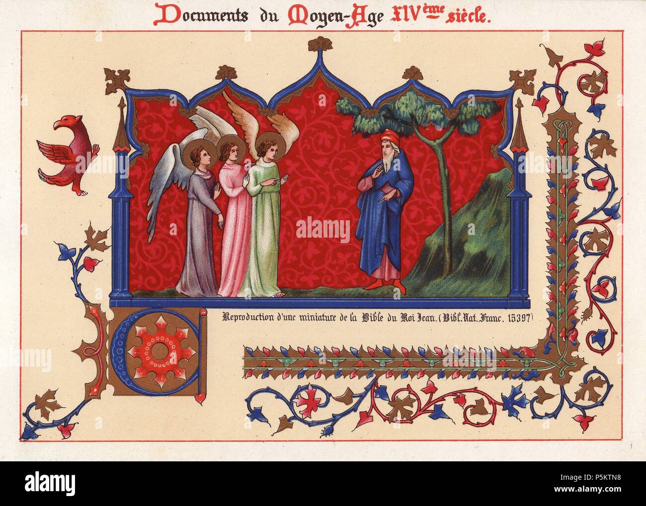 Angels from a miniature in the King John bible (Bibliotheque Nationale de France 15397). . Ernest Guillot 'Ornementation des Manuscrits au Moyen-Age' (Ornamentation from Manuscripts of the Middle Ages, 14th century), 1897, chromolithograph. Stock Photo